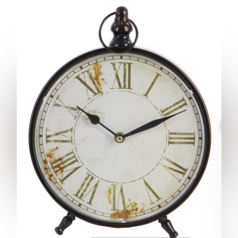 9“ Wide Round Analog Rustic Black Metal Clock With Knob And Tilted Stand